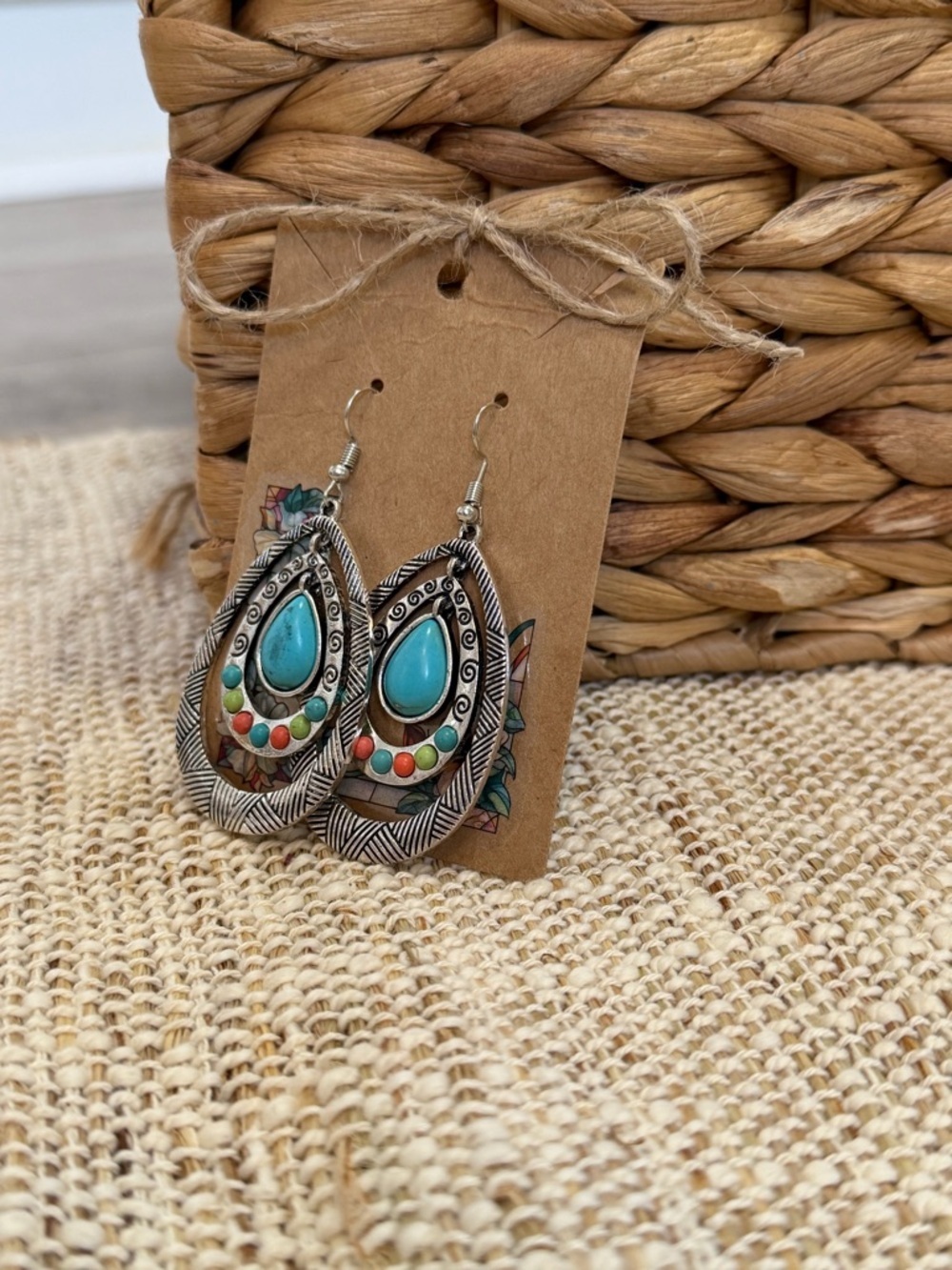 Boho Teardrop Turquoise Multicolor Stone Dangle Earrings - Picture 4 of 10